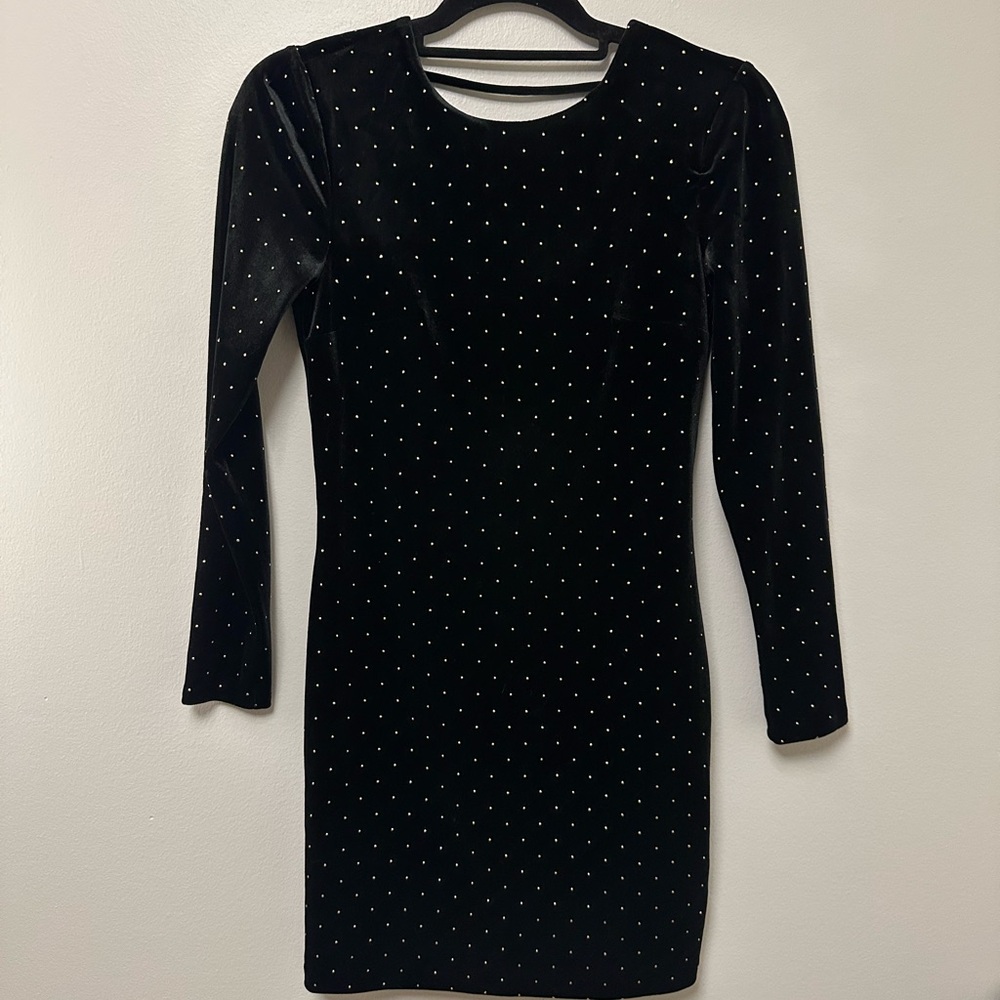Express Black Velvet Gold Studded Long Sleeve Low Back Mini Dress